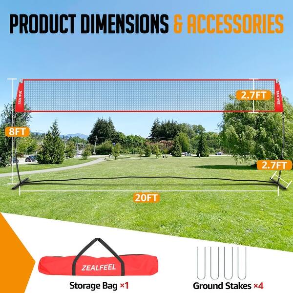 dimension image slide 0 of 2, Zealfeel 12ft Portable Volleyball Net: Height Adjustable Training Set with Carry Bag for Outdoors
