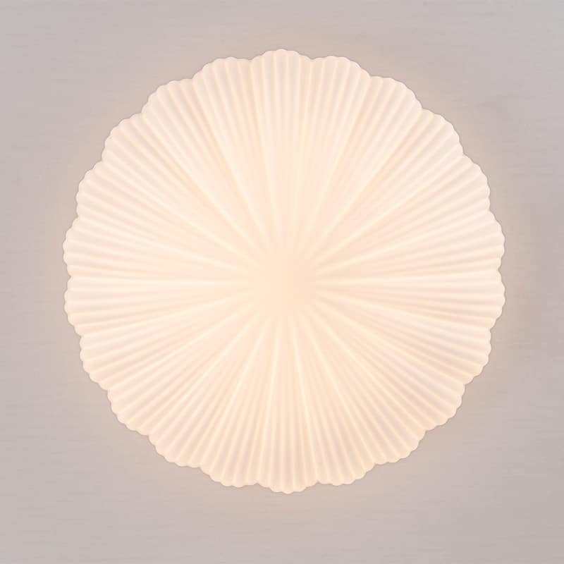 Dimmable LED White Flower Pleated Ribbed Glass Round Ceiling Light - 13.2 Inches