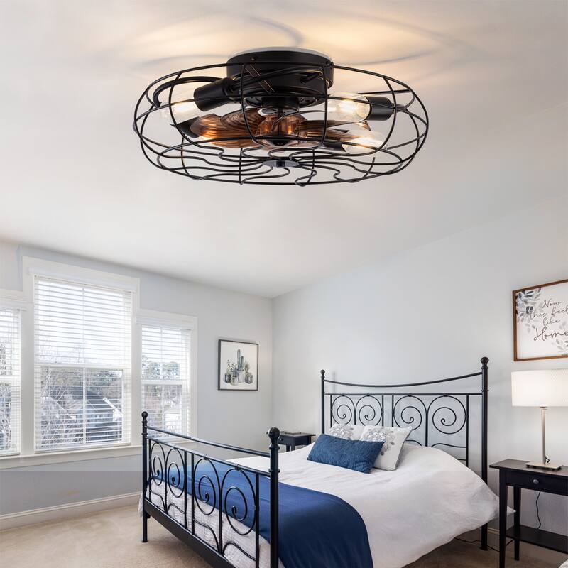 19 Inch Ceiling Fan Light With 6 Speed Remote 8 Blade Reversible DC Motor For Bedroom - Black