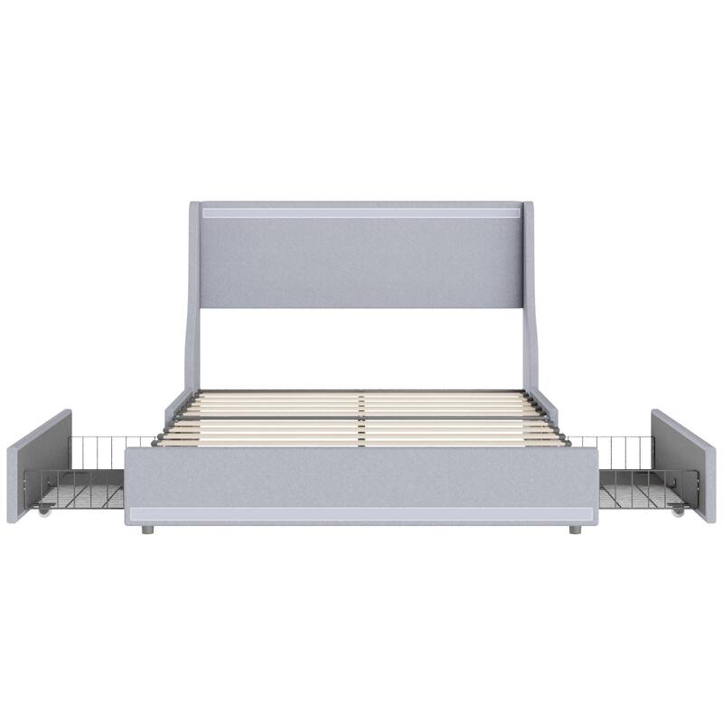 VECELO Upholstered LED Bed Frame with Wingback Headboard & 2 Storage Drawer Linen Fabric Full/Queen Size Storage Bed Frames