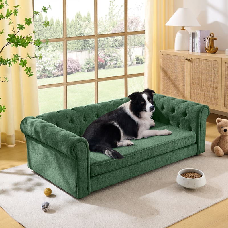 Roomfitters Upholstered Pet Sofa Chesterfield Style Elevated Dog Bed Couch with Rolled Arms & Button Tufted Cushion Seat - Olive Green