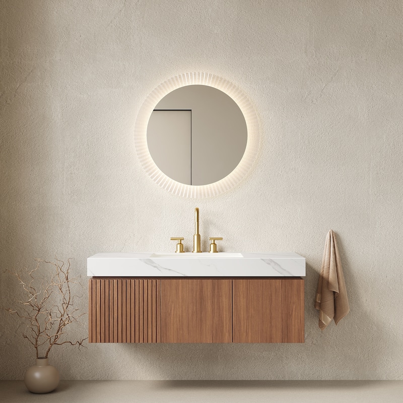 Floating Bathroom Vanity with Sintered Stone Top & Undermount Ceramic Basin with Three Pre-drilled Faucet Holes - 47.64'' x 18.9'' x 17.72'' - Brown Oak and Carrara White