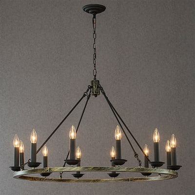 CraftHome 37'' 12-Light Modern Chandelier Round Industrial Candle In Vintage Brushed Gold Over Black Finish For Living Room