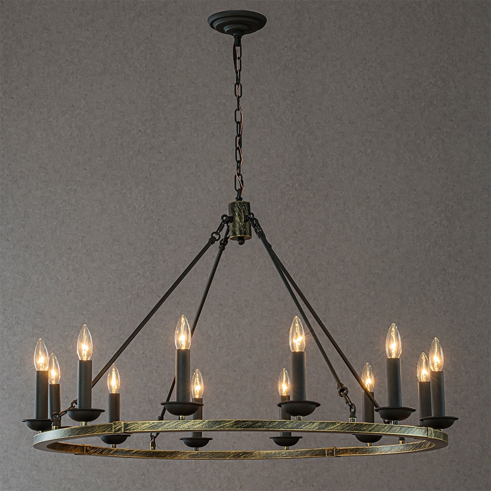 CraftHome 37'' 12-Light Modern Chandelier Round Industrial Candle In Vintage Brushed Gold Over Black Finish For Living Room