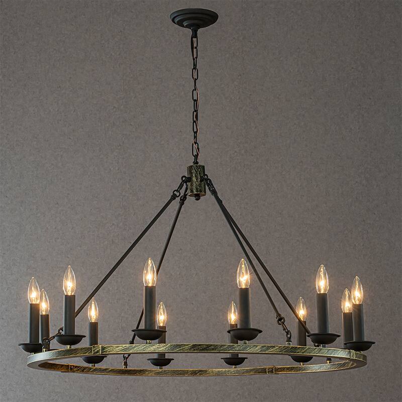 CraftHome 37'' 12-Light Modern Chandelier Round Industrial Candle In Vintage Brushed Gold Over Black Finish For Living Room - W37'' - Matte Black