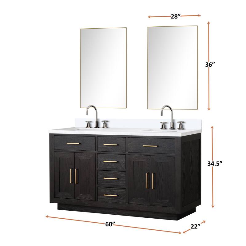 Abbey 60 in W x 22 in D Black Oak Double Bath Vanity, Cultured Marble Top, Faucet Set, and 28 in Mirrors