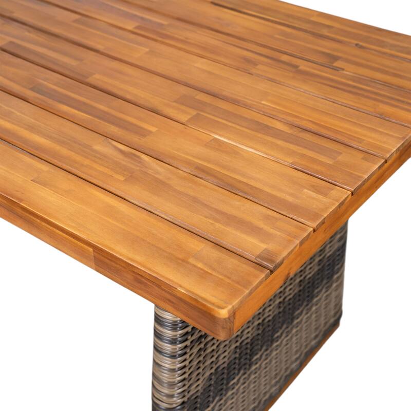 Outdoor Dining Table Acacia Wood Slatted Top with Woven Rattan Base