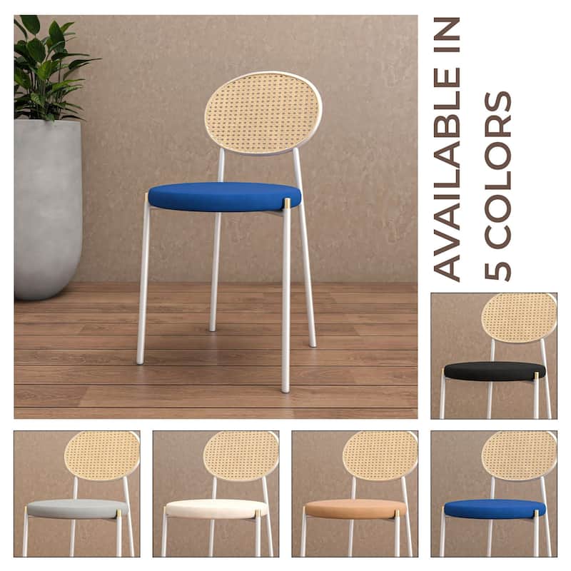 LeisureMod Euston Modern Dining Chair with Upholstered Velvet Seat - Wicker Back and White Stainless Steel Legs Accent Chair