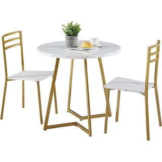 3-Piece Kitchen Dining Set with Round White Faux Marble-Top Table and 2 ...