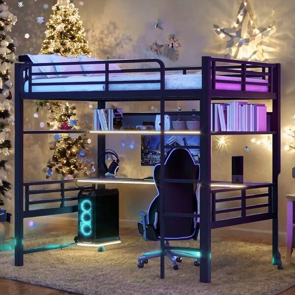 slide 2 of 17, Full Size Loft Bed with Desk and Shelves,Smart Led Light Black