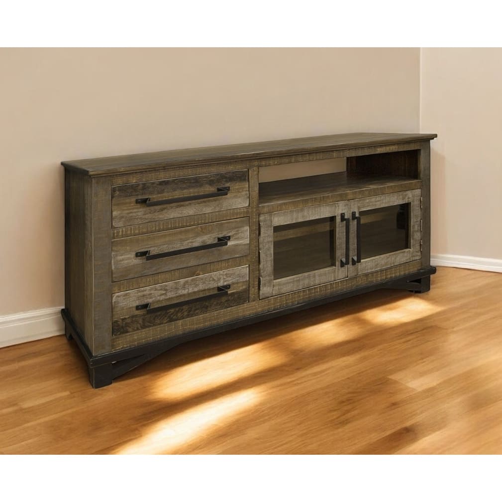 HomeRoots 61" Brown Solid Wood Cabinet Enclosed Storage Distressed TV Stand - 61.25' X '32' X '17.75