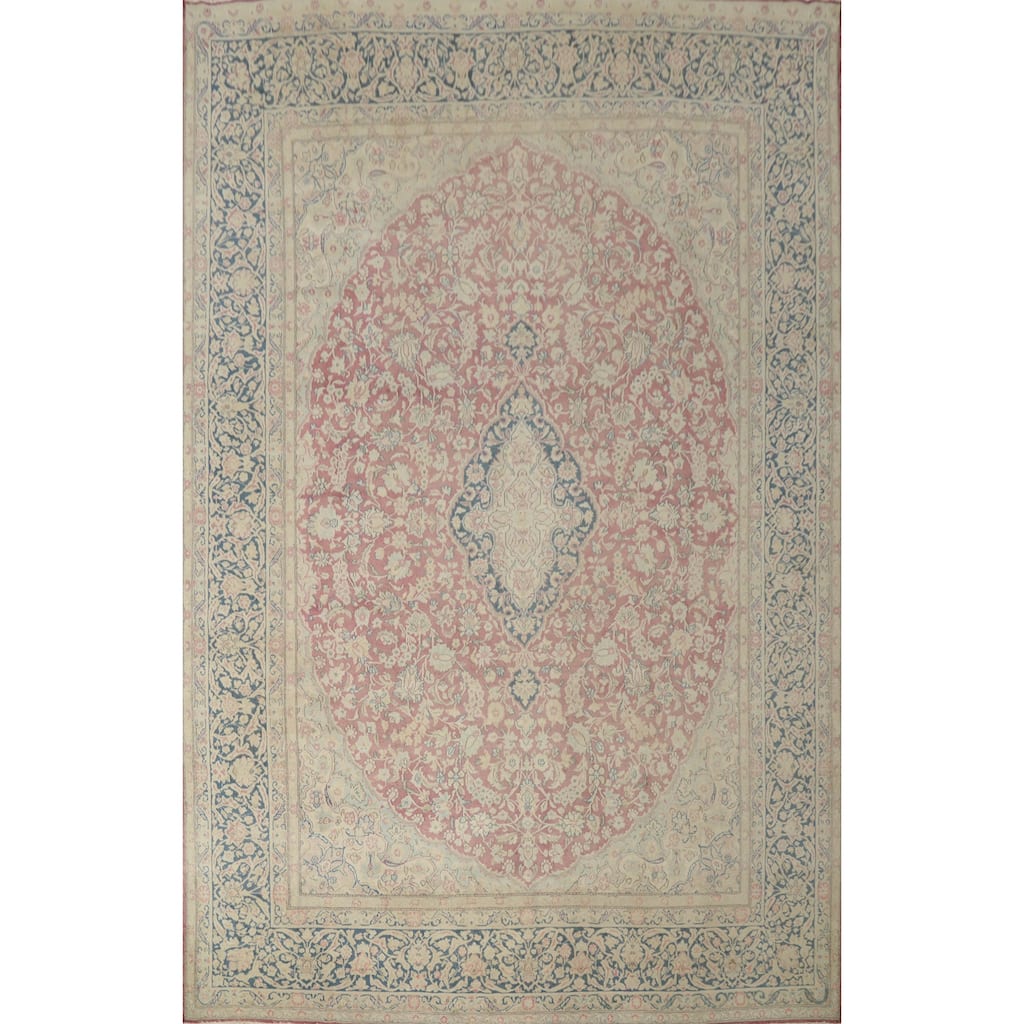 Hand Knotted Oriental 100% Wool Carpet Traditional Floral Pink Kerman Area Rug - 13' 0'' X 9' 7''