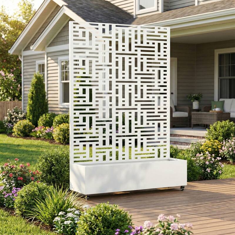 Metal Movable Planter Box with Trellis Privacy Screen Lockable Wheels