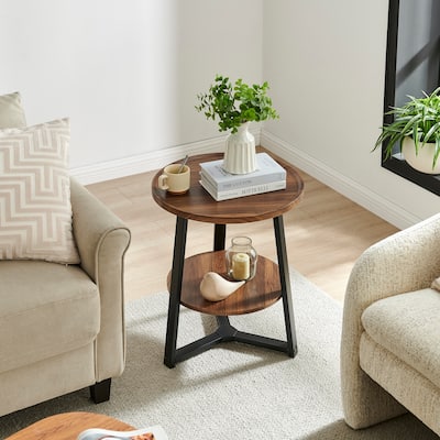 Mason Round 2-Tier Side Accent Table with Raised Lip Edge Tabletop and Mid-century Modern Crossed Metal Bold Pedestal Legs