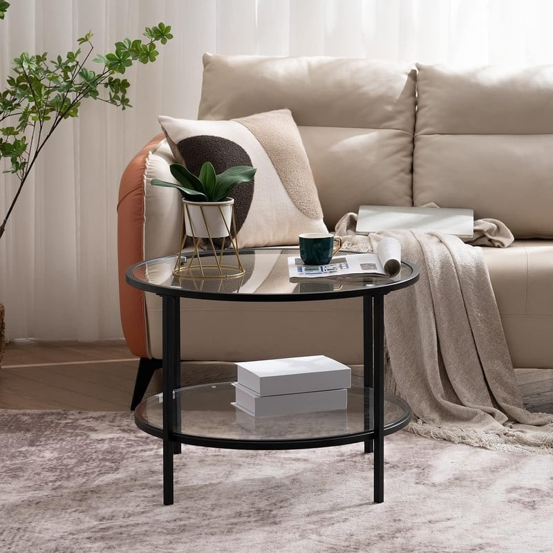 VINGLI Double-Layer Round Glass Matt Black Powder-Coated Iron Frame Coffee Table