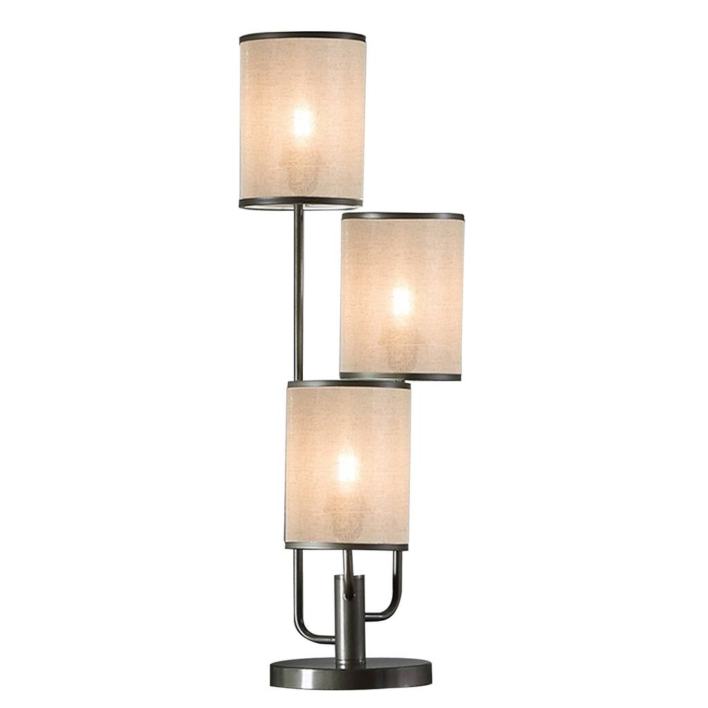 Zen 31 Inch Table Lamp, 3 Drum Fabric Shades, Round Metal Base, Gray