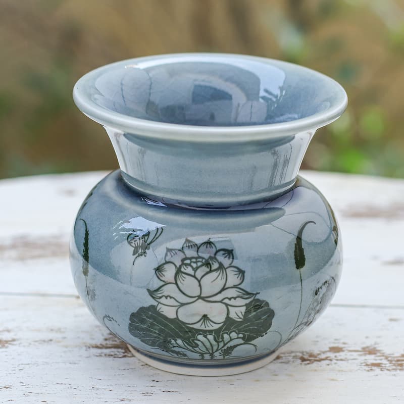 Novica Handmade Luxuriant Lotus Celadon Ceramic Vase