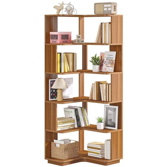 Multifunctional 6-Shelf L-Shaped Corner Bookcase Industrial Wood Grain Organizer - 23.62"L x 23.62"W x 64.96"H - Brown