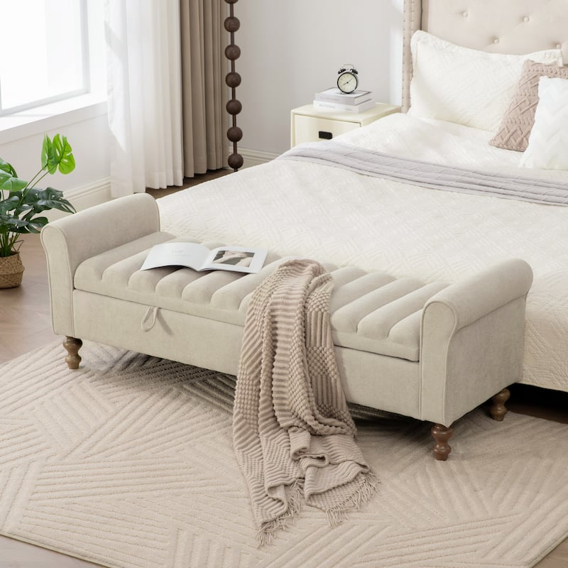 65.6"W Upholstered Storage Bench With Rolled Armrest, Rubberwood Legs