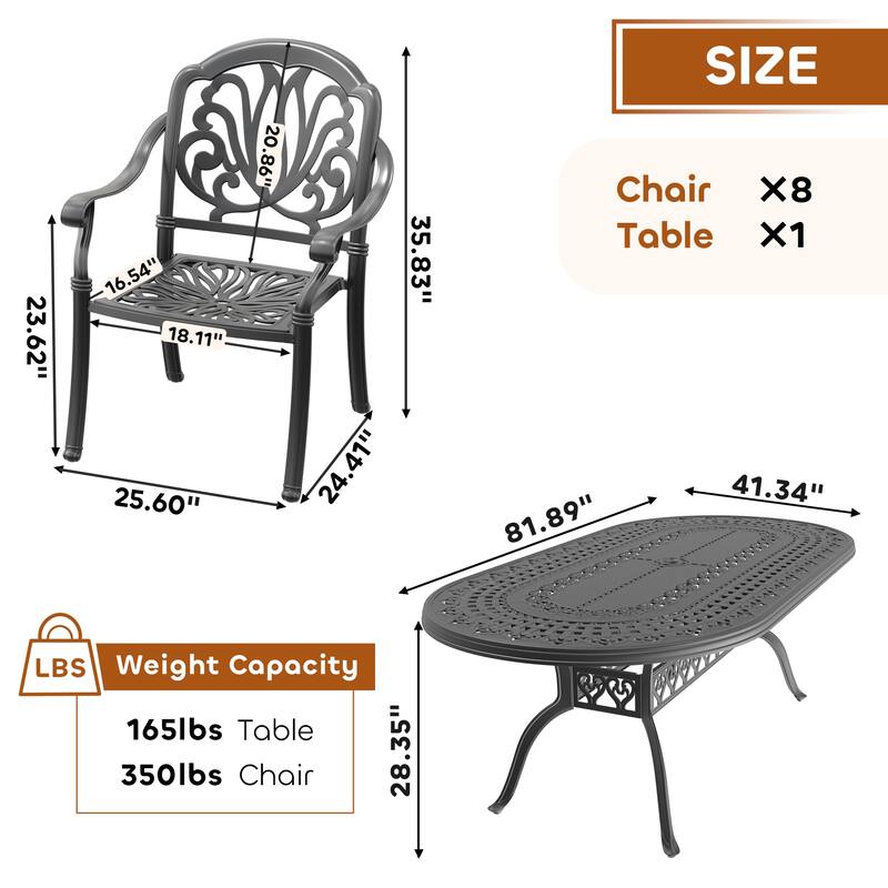 7/9-Piece Cast Aluminum Outdoor Dining Set with 82.87'' L X 42.13'' W Oval Table and Random Color Seat Cushions