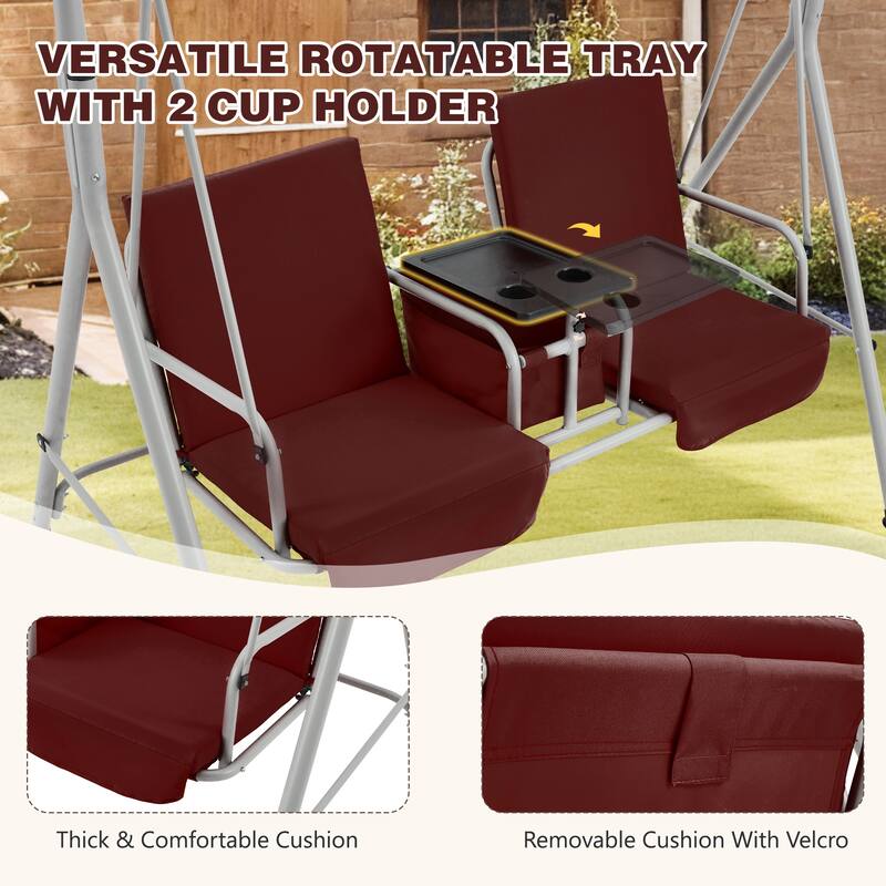 Outdoor Swing with Stand, Canopy, Pivot Table & 2 Cup Holders - Patio, Balcony, Bedroom