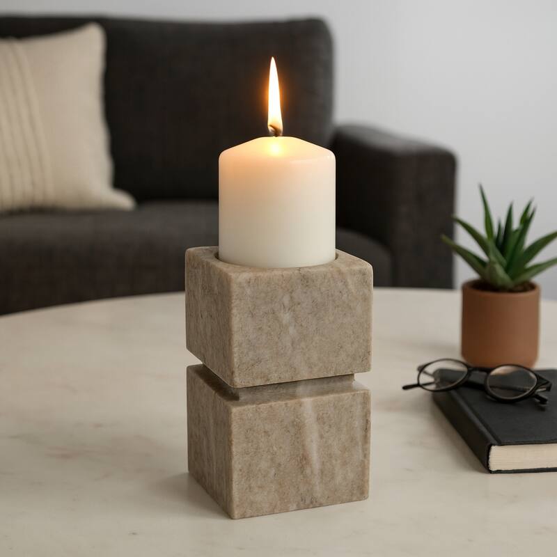 Modern Onyx Marble Stacked Cubes Candle Holder - Ivory & Tan