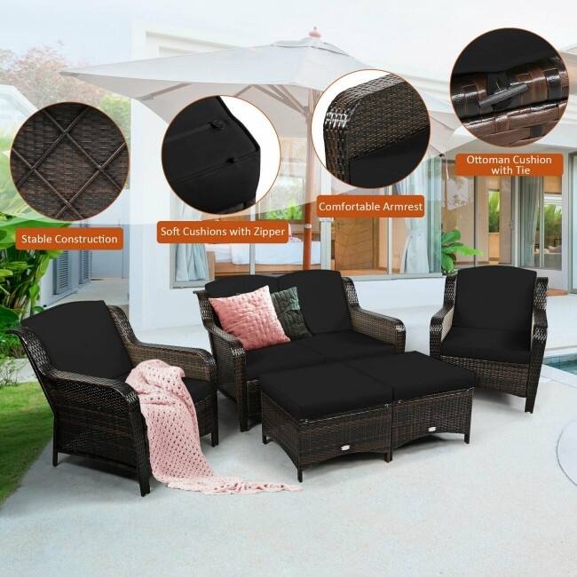 5 Pieces Patio Rattan Sofa Set with Cushion and Ottoman - 51" x 33.5" x 33" (L x W x H)