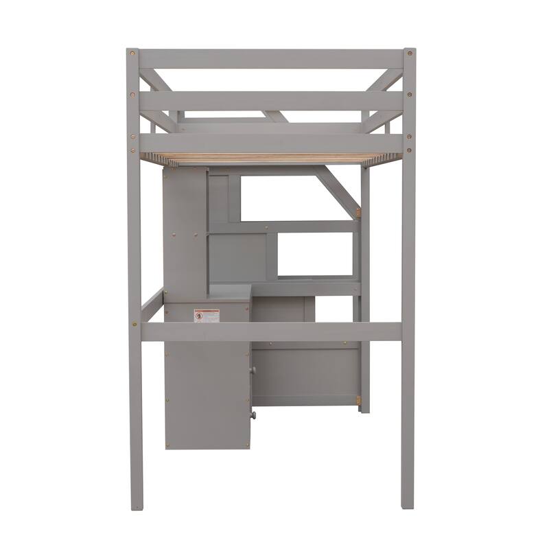 Space-Saving Twin Loft Bed with Stand-Alone Bed, Storage Stairs, Desk and Shelves, Gray