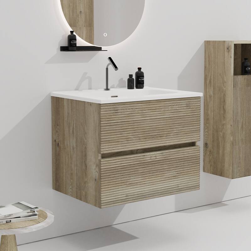 GDFStudio - Gloria Modern Wall-Mounted Floating Bathroom Vanity with Integrated Ceramic Basin & Soft-Close Drawers