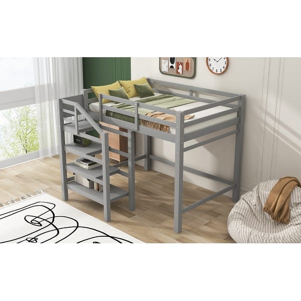 slide 2 of 13, Loft Gray Bed Frame Wood Full Size Loft Bed with Storage Shelves Stairs, Hanger Underneath, Wooden Loftbed Frame for Kid Bed Gray - Full