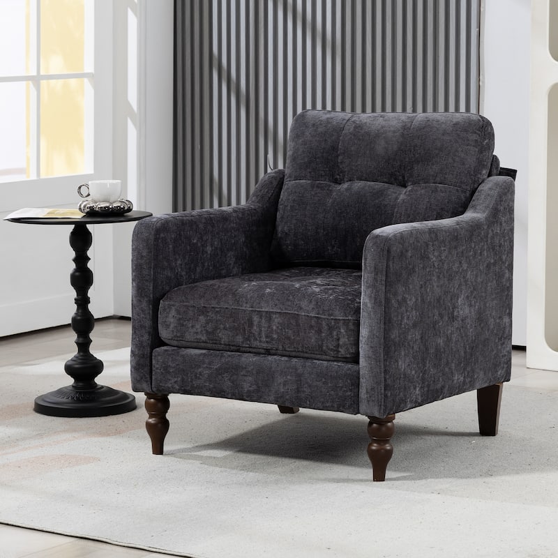 Chenille Accent Chair with USB Port, Ergonomic Upholstered Armchair, Lounge Reading Chair with Side Pocket & Wooden Legs