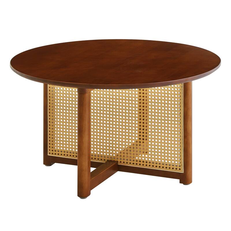 Mid Century Wooden Coffee Table Bohemian Style Coffee Table with Solid Wood and Frame Rattan Stand, for Living Room