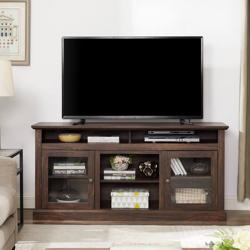 Modern TV Stand Media Stand Modern Entertainment Console for TV Up to 65" with Glass Door Open and Closed Storage Space