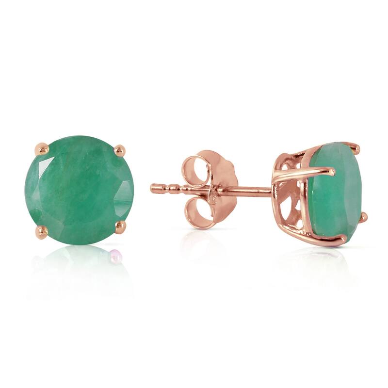 14K Solid Gold Stud Earrings Round Shaped Natural Emerald Gemstone - Rose