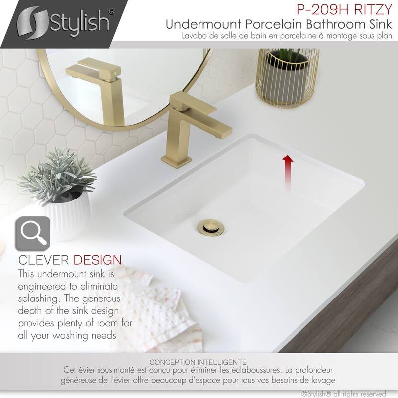 STYLISH 20 3/8 inch Rectangular Undermount Porcelain Bathroom Sink with two Overflow Finishes included