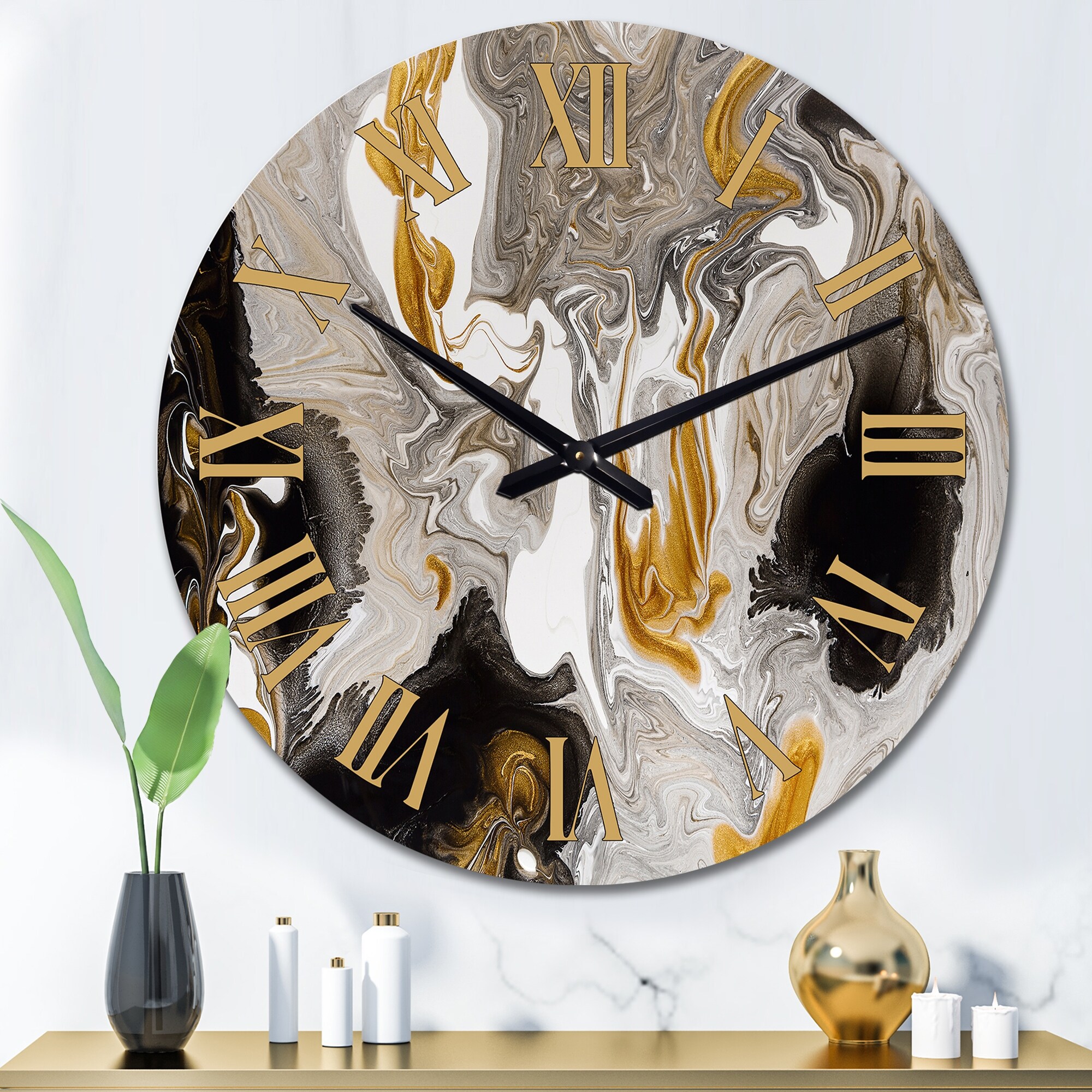 Designart 'Gold And Black Marble Waves I' Modern wall clock