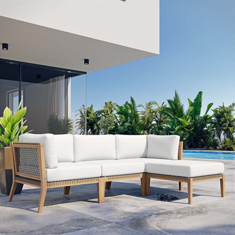 Clearwater Outdoor Patio Teak Wood 4-Piece Sectional Sofa - Gray White
