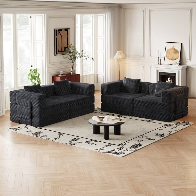 Corduroy Modular Sleeper Sofa Bed with Side Pockets and Anti-slip Pads