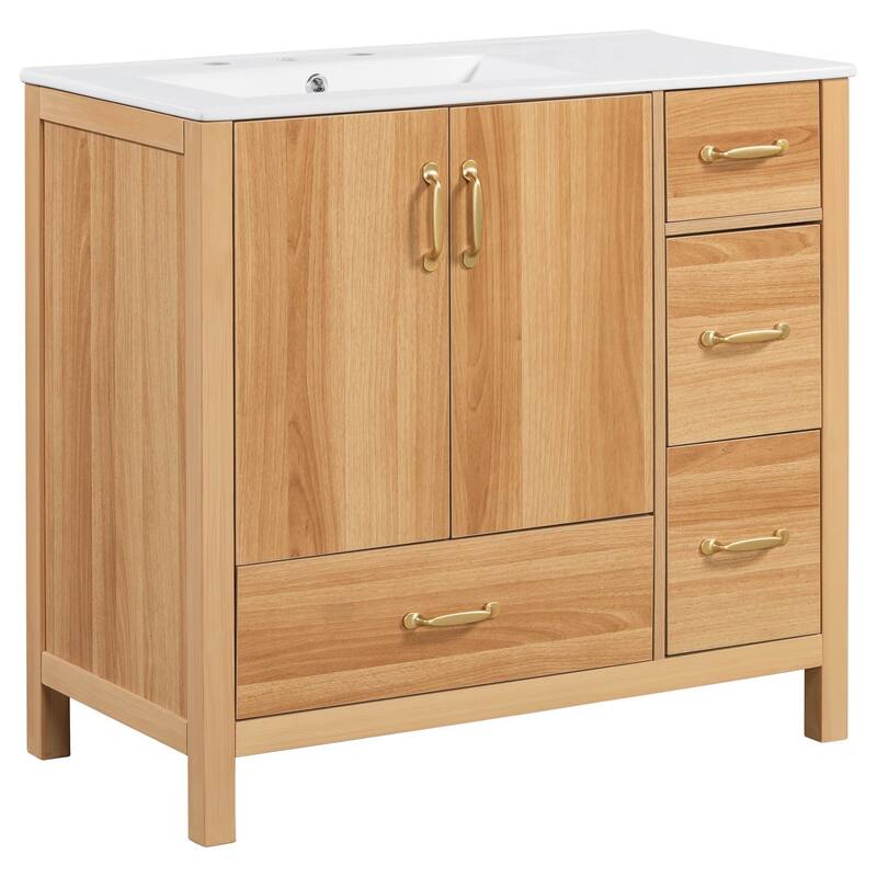Roomfitters 36" Bathroom Vanity with Ceramic Sink, Solid Wood Frame, 2 Soft-Close Doors, 4 Drawers and Adjustable Shelf, Wood