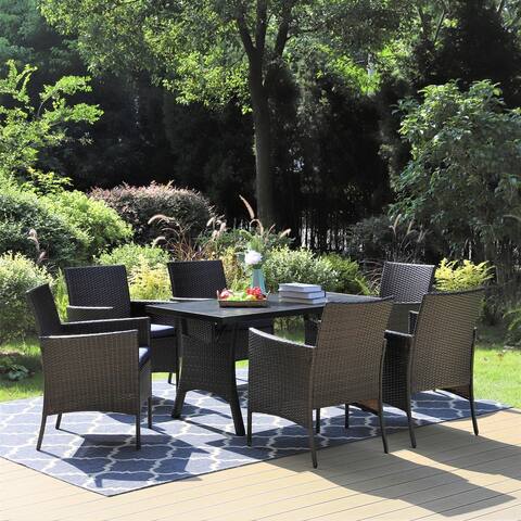 Sophia & William Outdoor Patio 6 Pieces Dining Set, 1 Rectangular Dining Table & 6 PE Rattan Chairs with Removable Cushion