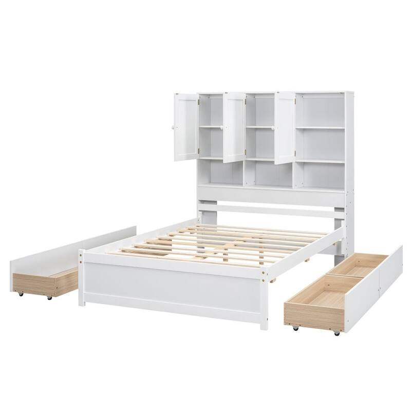 Wood Platform Bed with Storage Headboard and 4 Drawers