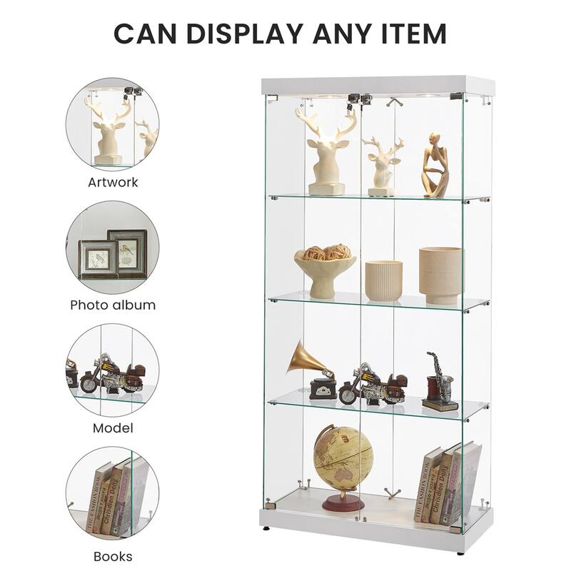 4-Tier Double Door Glass Display Cabinet, Four Partitions, Two Locks