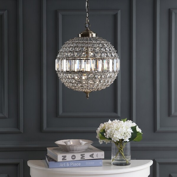 Georgina 16" Crystal/Metal LED Chandelier Pendant, Antique Brass by JONATHAN Y