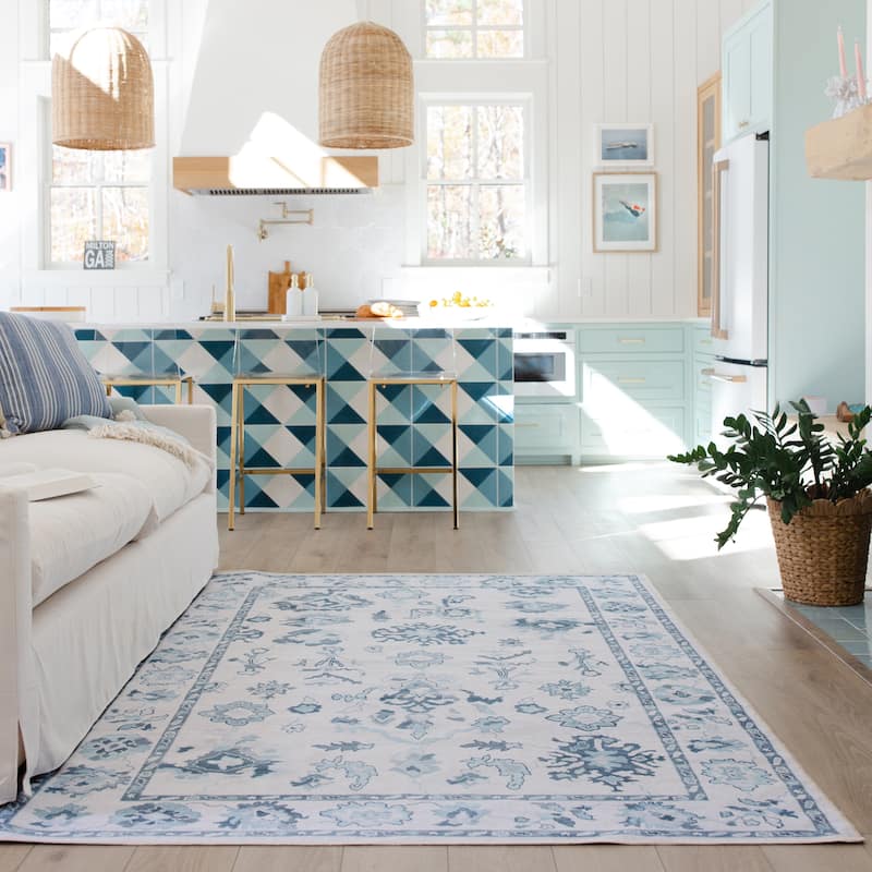 Ainsley Vintage Traditional Ivory/ Blue Printed Washable Flat Pile Area Rug