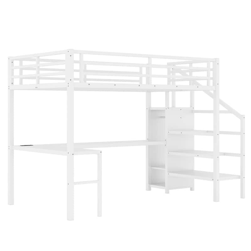 Full Size Metal Loft Bed with L-shaped Desk and Adjustable Shelf for Kids Teens Adults