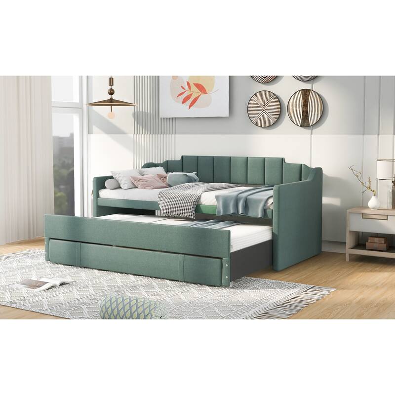 Twin Upholstered Daybed with Trundle and 3 Drawers, Solid Wood Sofa Bed Frame, No Need for Box Spring