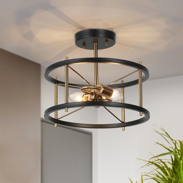 Modern 2-Light Black and Gold Drum Semi-flush Mount Ceiling Lights for Foyer Kitchen - 12'' D x 10'' H