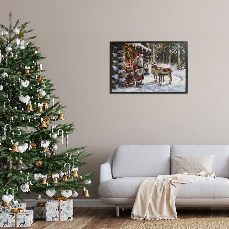 Stupell Santa's Cabin with Reindeer Framed Giclee Art Design By Imagine It Images