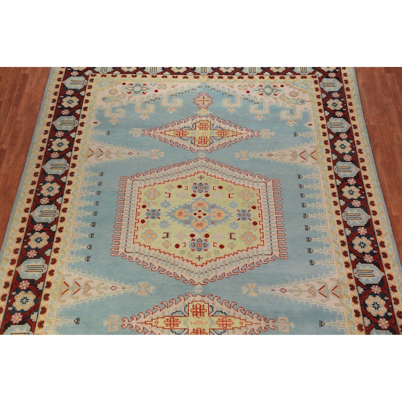 Light Blue Geometric Viss Oriental Large Rug Handmade Wool Carpet - 9'9" x 13'9"