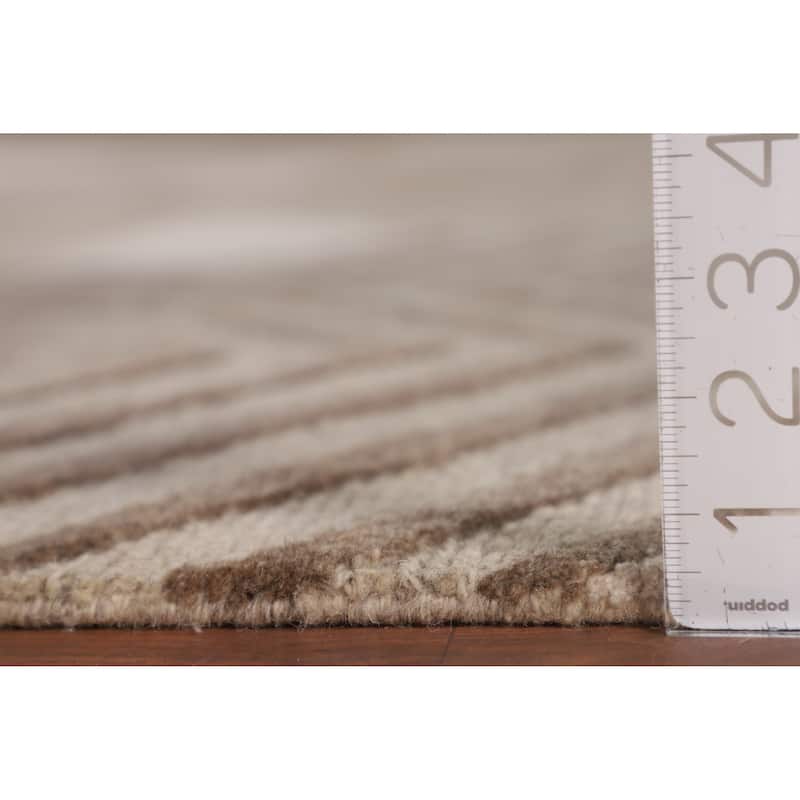 Geometric Modern Oriental Area Rug Handmade Beige Wool Carpet - 9'0" x 11'8"